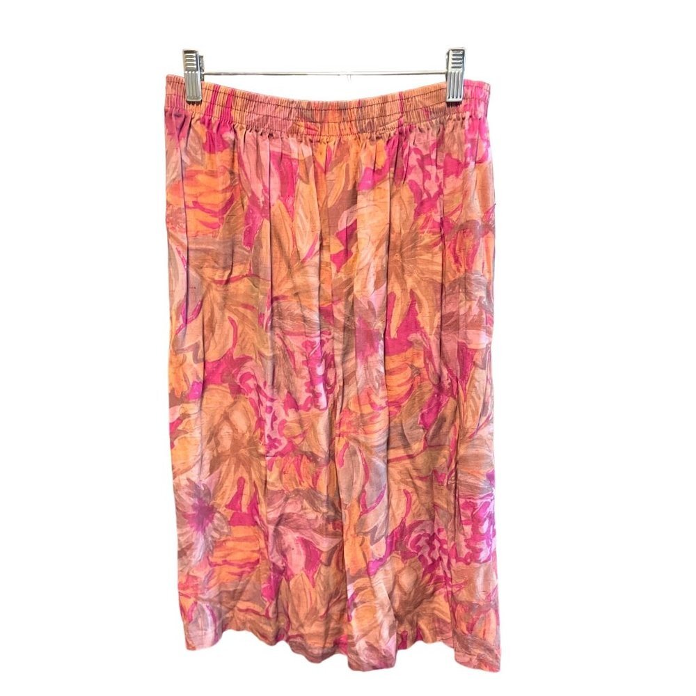 Vintage 80s 90s Floral Print Elastic Waist Long Midi Skirt Made in USA Sz S